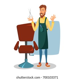 Cute Barber Vector. Cartoon Happy Hipster Barber Man. Professional Barber Ready To Do A Trendy Haircut. Isolated Illustration.