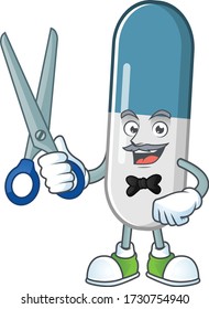 Cute Barber vitamin pills cartoon character style with scissor