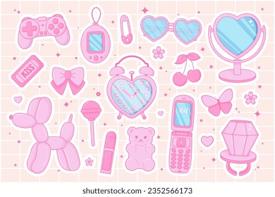 Cute Barbiecore set. Pink women's accessories. Kawaii glamour. Teenage girly style. Nostalgic pinkcore 2000s style. Lipstick, glasses, ticket, lollipop ring, jelly bears gummy, tamagotchi, flip phone.