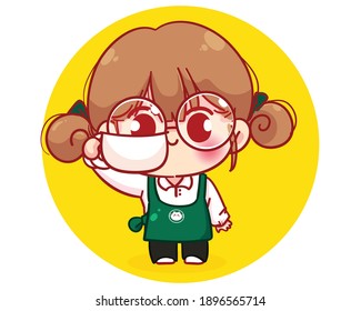 Cute Barista in apron holding a coffee cup cartoon character illustration