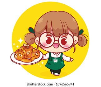 Cute Barista in apron holding plate croissant cartoon character illustration