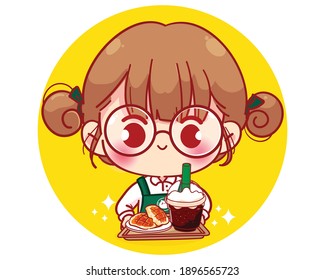 Cute Barista in apron holding waffles and coffee cartoon character illustration