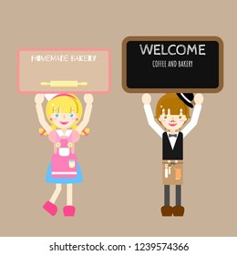 cute barista boy and chef girl holding label blank paper speech bubble balloon think,speak,talk,template,flat,design,vector,illustration text box banner frame cartoon character restaurant and kitchen