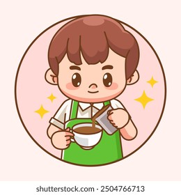 Cute barista boy chibi kawaii character mascot design shop coffee cafe logo outline style set