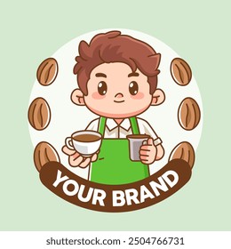 Cute barista boy chibi kawaii character mascot design shop coffee cafe logo outline style set