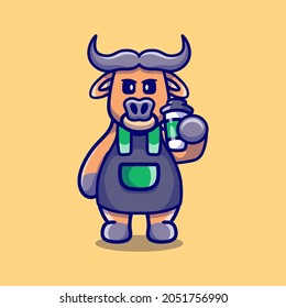 cute barista buffalo holding coffee, suitable for t-shirt designs or cute animal coffee mascots