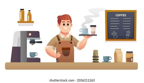 Cute barista carrying coffee with tray at coffee shop counter illustration