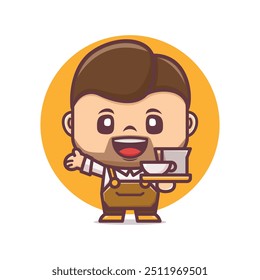 bonitinho mascote de desenho animado barista com café. Ilustração vetorial em estilo de contorno.