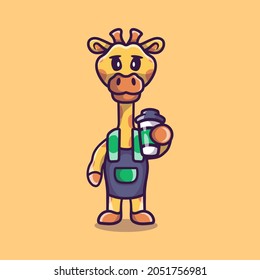 cute barista giraffe holding coffee, suitable for t-shirt designs or cute animal coffee mascots