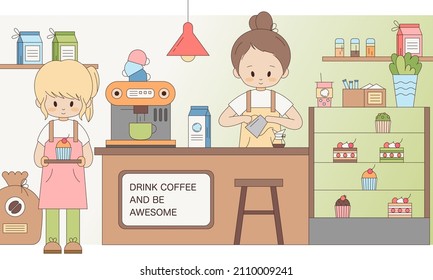Cute barista girl characters serving drinks illustration. Part-time waiter in the interior of a coffee shop - coffee grinder, machine, milk, cupcakes, cakes. Coffee and breakfast cafe vector backdrop 
