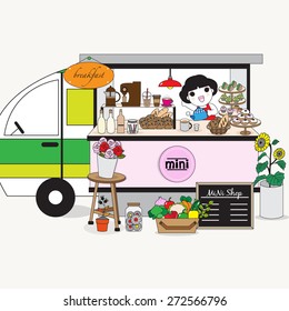 Cute Barista And Her Street Coffee Kiosk illustration