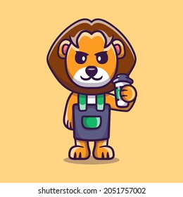 cute barista lion holding coffee, suitable for t-shirt designs or cute animal coffee mascots