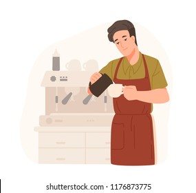 Cute barista making cappuccino at cafe or coffeeshop. Smiling young man in apron adds cream or milk in coffee. Male cartoon character preparing drink. Colorful vector illustration in flat style