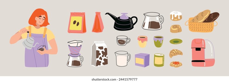 Lindo barista haciendo café especial en un acogedor café interior ilustración vectorial. Trabajadora con tazas preparando capuchino, filtro, expreso. Ilustración vectorial dibujada a mano plana moderna