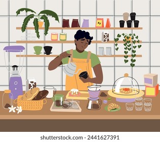 Lindo barista haciendo café especial en un acogedor café interior ilustración vectorial. Hombres que trabajan con tazas que preparan capuchino, filtro, expreso. Ilustración vectorial dibujada a mano plana moderna