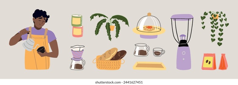 Lindo barista haciendo café especial en un acogedor café interior ilustración vectorial. Hombres que trabajan con tazas que preparan capuchino, filtro, expreso. Ilustración vectorial dibujada a mano plana moderna