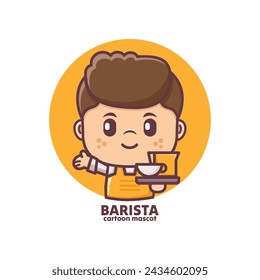 cute barista man cartoon, vector illustration in outline style with icon mascot concept, cafe cartoon template