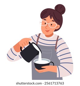 A cute barista with a milk jug in her hands makes a latte or cappuccino.