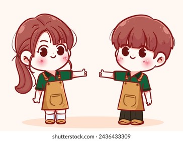 Cute barista women and men Standing with your hands showing something hand drawn cartoon illustration