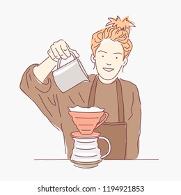 Cute barista at work. Young girl makes coffee. Vector illustration.