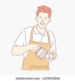 Cute barista at work. Young guy pours coffee into a cup. Vector illustration.