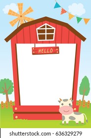 Cute barn design for frame template decorated with cow and wind wheel on farm natural background.