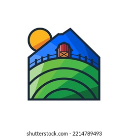 Cute Barn, Mountain And Farm Land Vector