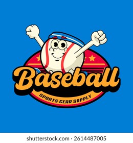 Cute Baseball Badge Sports mascot cartoon character in Vintage Style