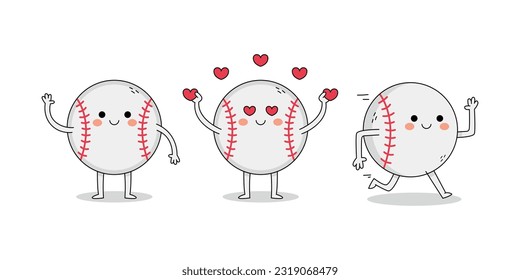 Cute baseball ball cartoon character set 1 of waving hand, spreading love and running