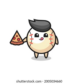 cute baseball cartoon eating pizza , cute style design for t shirt, sticker, logo element