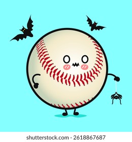 A cute Baseball character with bats and a spider prepares for Halloween in a cheerful cartoon style.