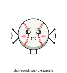 Un personaje de béisbol lindo que se siente molesto aislado de fondo blanco. Ilustración emoticono de personaje deportivo de béisbol