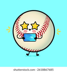 A cute Baseball character with star eyes is looking at a tablet on a light blue background.