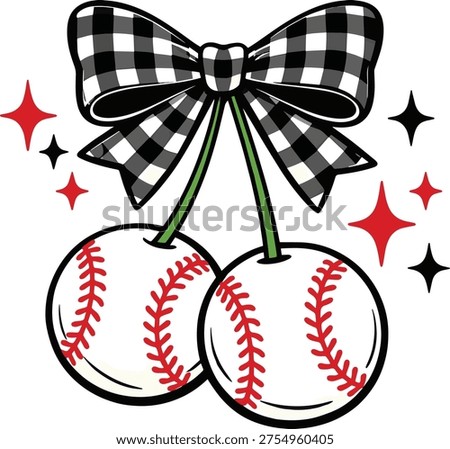 Cute Baseball Cherry With Checkered Bow Sports