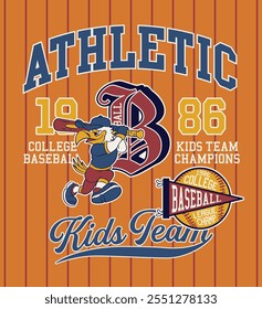 Lindo béisbol águila bateador equipo de niños universitarios vintage de dibujos animados Vector de impresión para niños boy sport wear para camisa sudadera pijamas