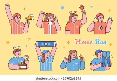 Cute baseball fans cheering at a stadium, enjoying food and supporting their team. Flat vector illustration in a simple cartoon style.