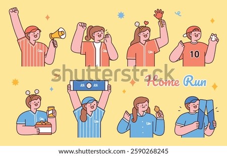 Cute baseball fans cheering at a stadium, enjoying food and supporting their team. Flat vector illustration in a simple cartoon style.
