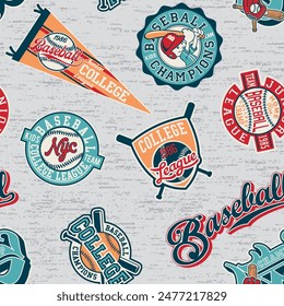 Cute baseball kids team elements and badges patchwork abstract vintage vector pattern for children kid sport wear fabric shirt short 