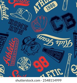 Cute baseball kids team elements and badges patchwork abstract vintage vector pattern for children kid sport wear fabric shirt short pajamas