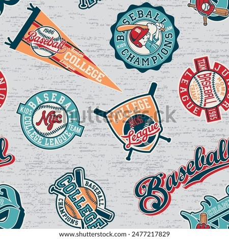 Cute baseball kids team elements and badges patchwork abstract vintage vector pattern for children kid sport wear fabric shirt short 