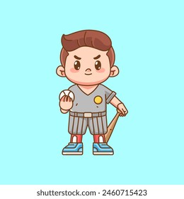 Cute Baseball player with bat and ball kawaii chibi character mascot illustration outline style design set
