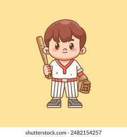 Cute Baseball player with bat and glove kawaii chibi character mascot illustration outline style design set