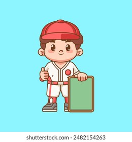 Cute Baseball player with blank board kawaii chibi character mascot illustration outline style design set