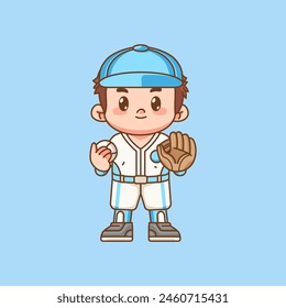 Cute Baseball player catch ball kawaii chibi character mascot illustration outline style design set