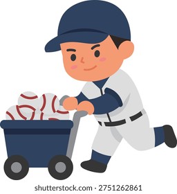 Cute Baseball Player Collecting Balls into Training Cart Vector