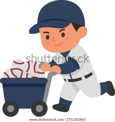 Cute Baseball Player Collecting Balls into Training Cart Vector