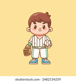 Cute Baseball player with glove hold ball kawaii chibi character mascot illustration outline style design set