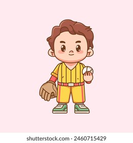 Cute Baseball player hold ball  kawaii chibi character mascot illustration outline style design set