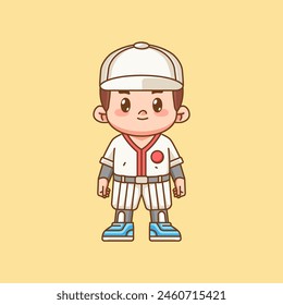 Cute Baseball player kawaii chibi character mascot illustration outline style design set