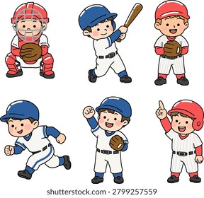 cute baseball player sports character illustration set with pitcher, catcher, batter and battery